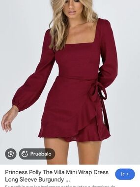 Princess Polly Burgundy The Villa Mini Wrap Dress - Long Sleeve